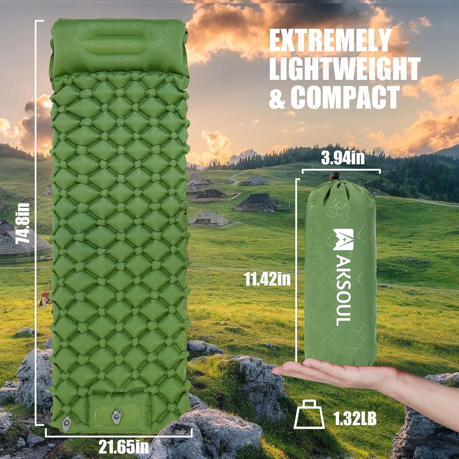 image:imageAKSOUL Camping Ultralight Sleeping Pad Compact Portable Self Inflatable Sleep Mat with Builtin Foot Pump Lightweight Single Pad for Camping Traveling Outdoor Activities Green