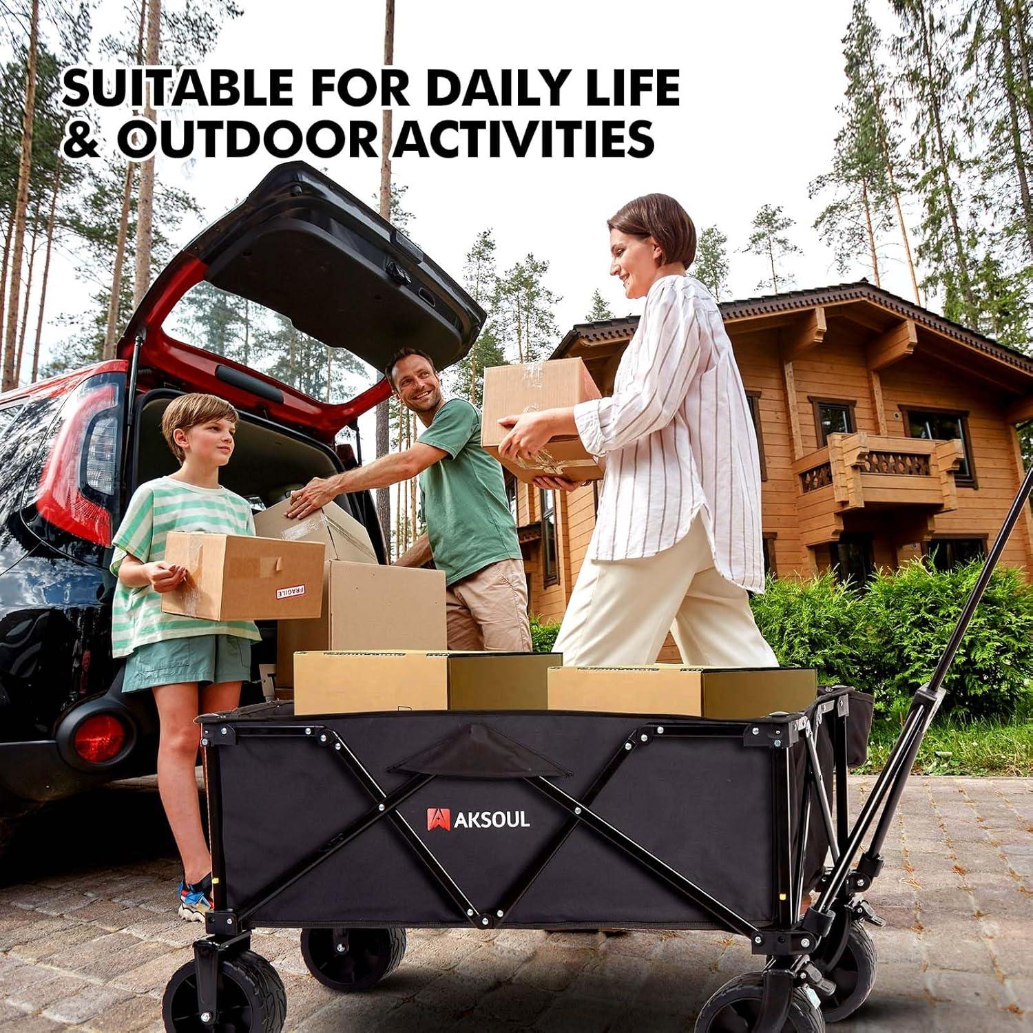 image:imageAKSOUL Foldable Wagon Cart with Wheels Heavy Duty Removable Utility Big Wheel Collapsible Large Folding Pull Cart 440lbs Weight Capacity for All Terrain Outdoor Camping Beach
