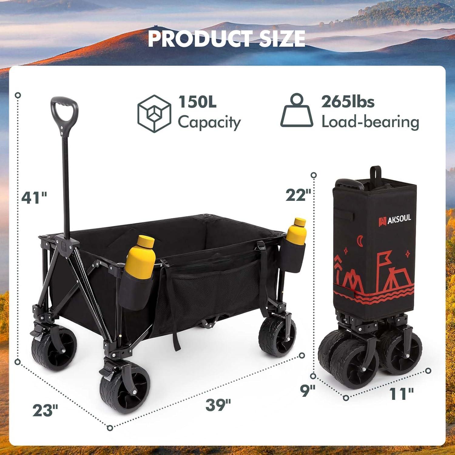 image:imageAKSOUL Foldable Wagon Cart with Wheels Heavy Duty Removable Utility Big Wheel Collapsible Large Folding Pull Cart 440lbs Weight Capacity for All Terrain Outdoor Camping Beach