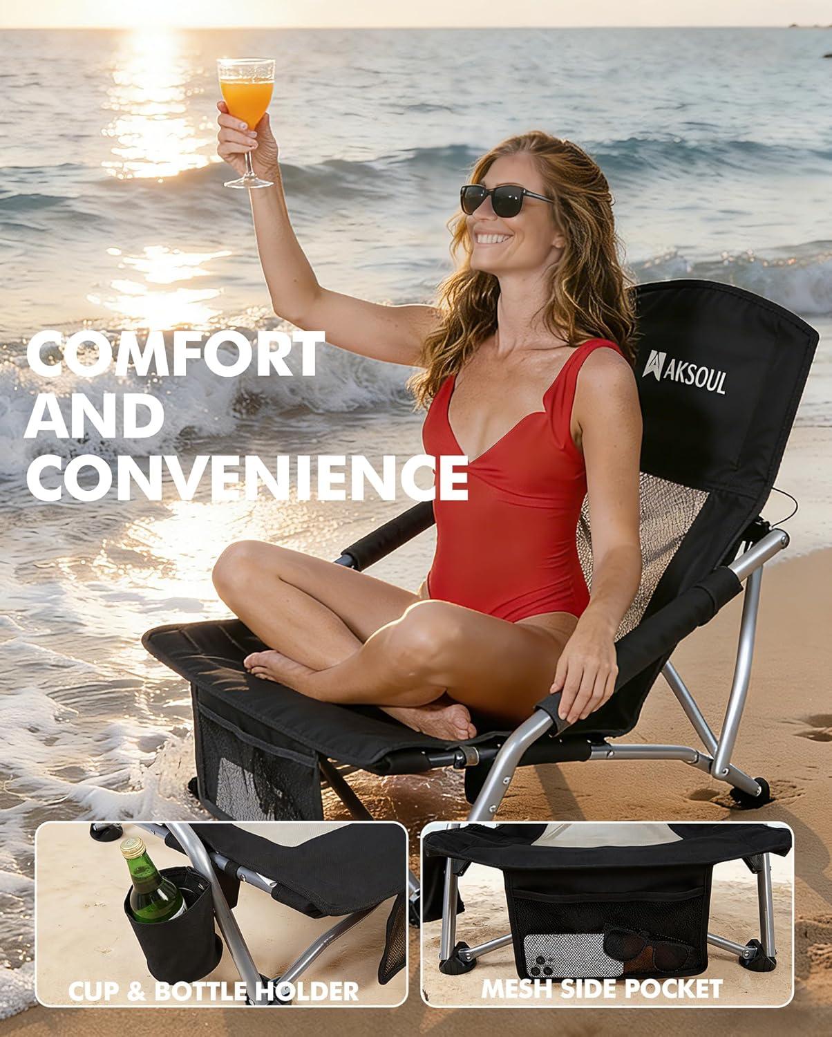 image:imageAKSOUL Folding Beach Chair for Adults LowHigh Back Chairs with Carry Bag Extra Wide Seat Chair with Comfortable Pillow amp Storage Pocket 1 Pack amp 2 Pack BlueLow Back Black 1 Pcs