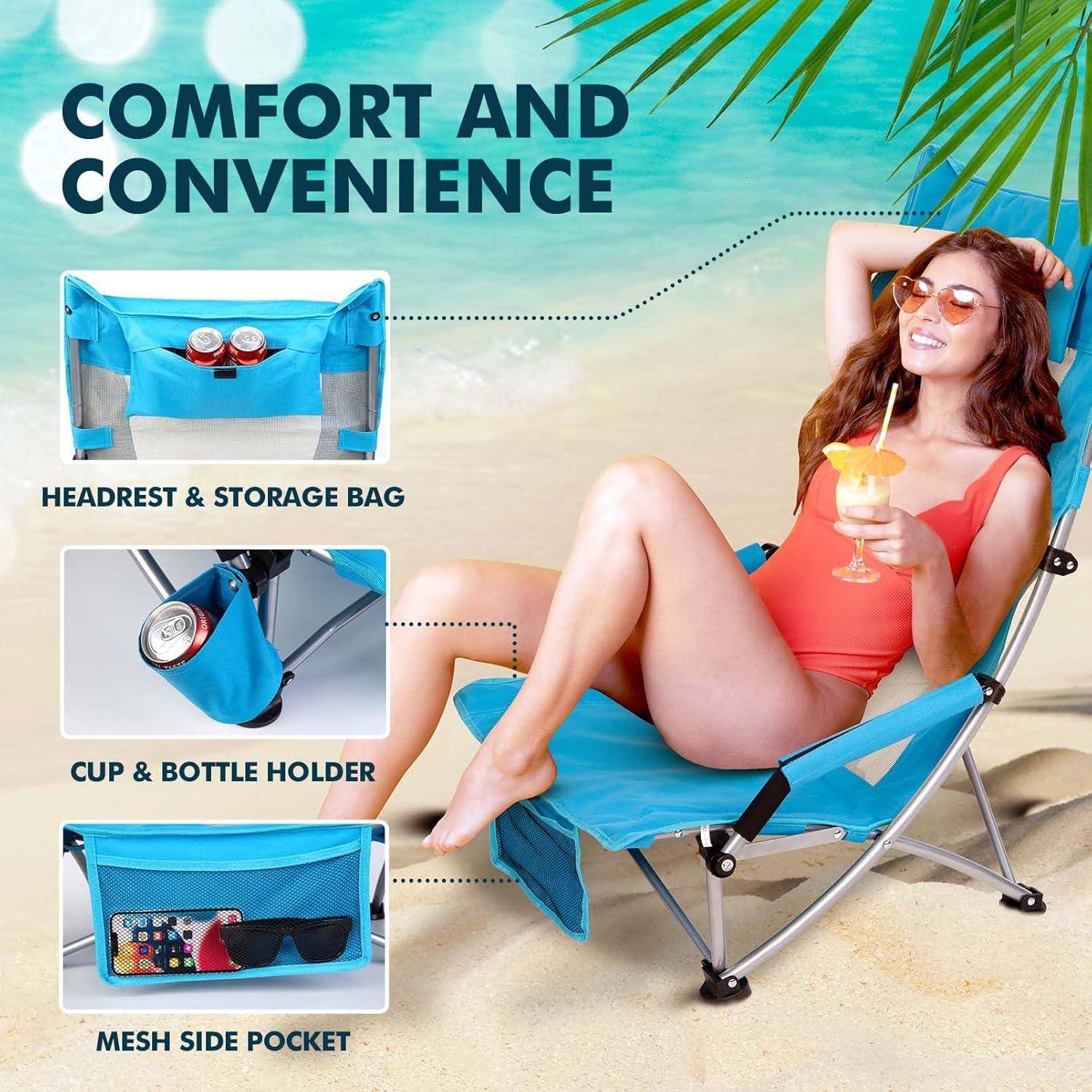 image:imageAKSOUL Folding Beach Chair for Adults LowHigh Back Chairs with Carry Bag Extra Wide Seat Chair with Comfortable Pillow amp Storage Pocket 1 Pack amp 2 Pack BlueHigh Back Blue 2 Pcs