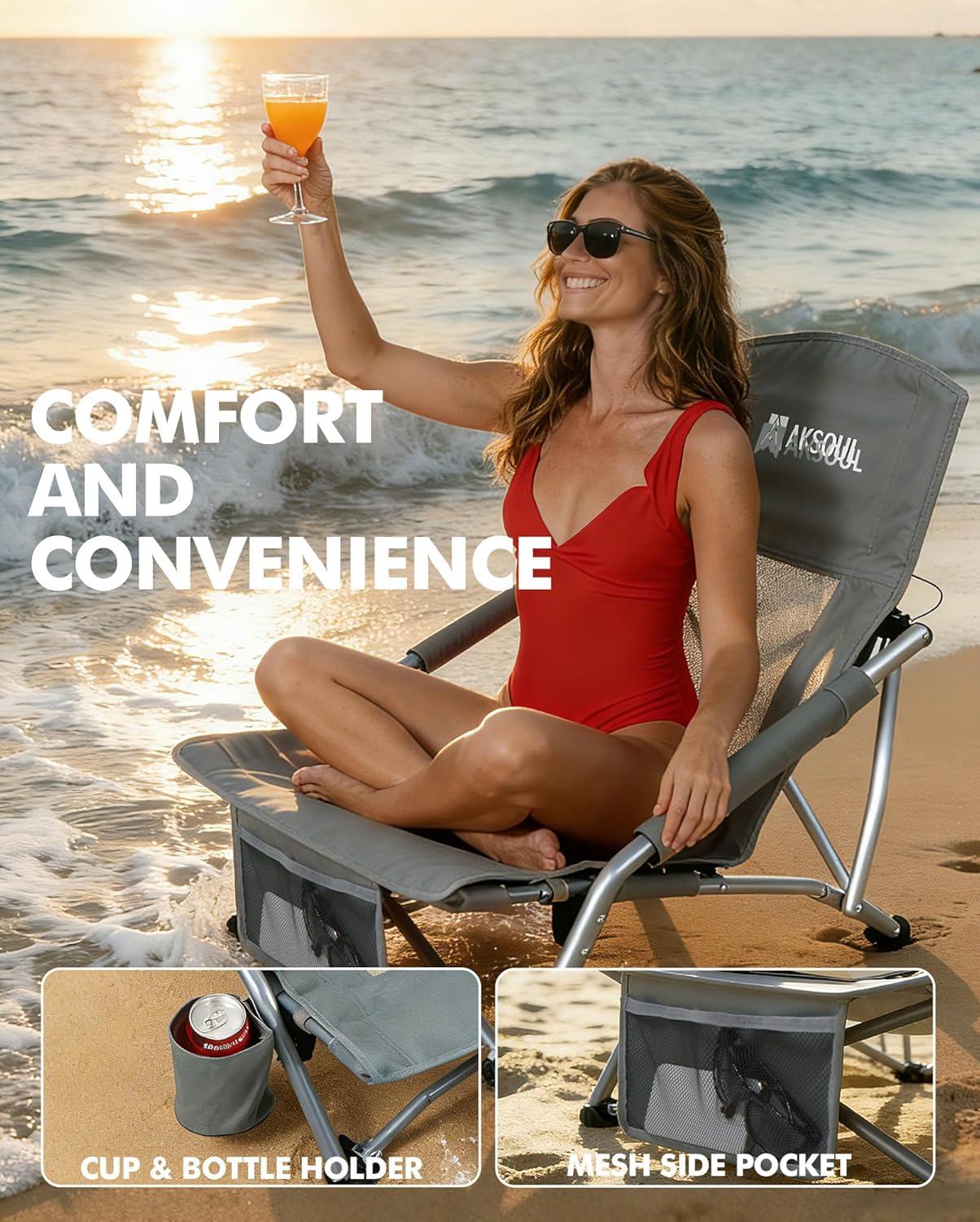image:imageAKSOUL Folding Beach Chair for Adults LowHigh Back Chairs with Carry Bag Extra Wide Seat Chair with Comfortable Pillow amp Storage Pocket 1 Pack amp 2 Pack BlueLow Back Gray 1 Pcs