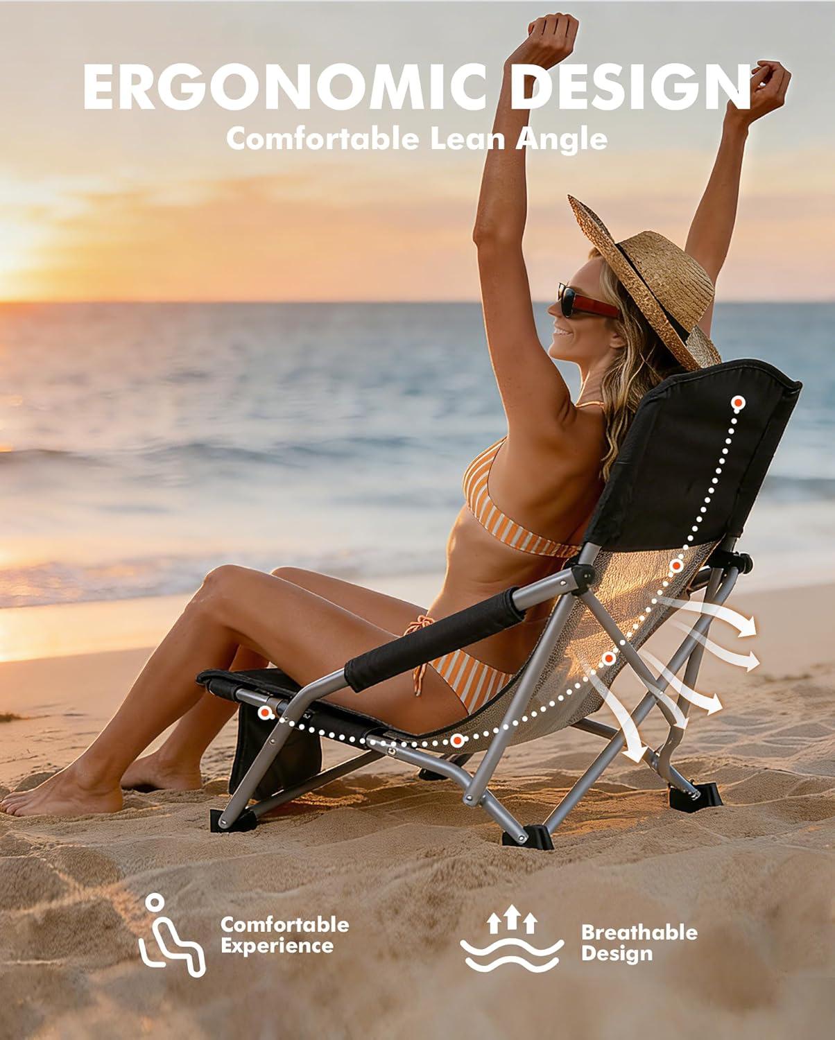 image:imageAKSOUL Folding Beach Chair for Adults LowHigh Back Chairs with Carry Bag Extra Wide Seat Chair with Comfortable Pillow amp Storage Pocket 1 Pack amp 2 Pack BlueLow Back Black 1 Pcs
