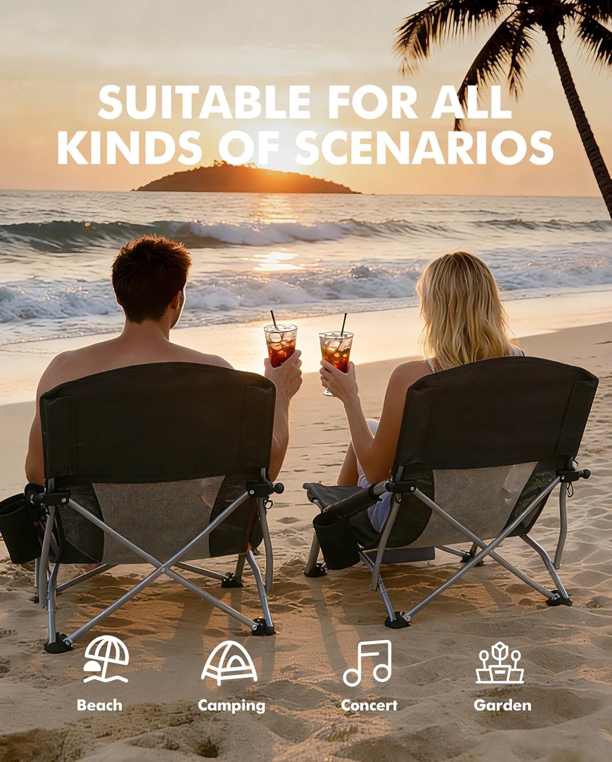 image:imageAKSOUL Folding Beach Chair for Adults LowHigh Back Chairs with Carry Bag Extra Wide Seat Chair with Comfortable Pillow amp Storage Pocket 1 Pack amp 2 Pack BlueLow Back Black 1 Pcs