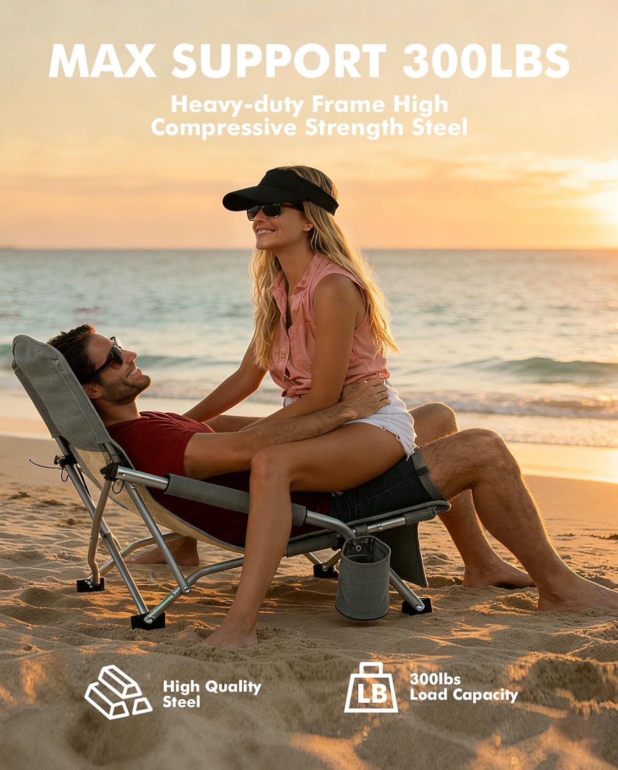 image:imageAKSOUL Folding Beach Chair for Adults LowHigh Back Chairs with Carry Bag Extra Wide Seat Chair with Comfortable Pillow amp Storage Pocket 1 Pack amp 2 Pack BlueLow Back Gray 2 Pcs