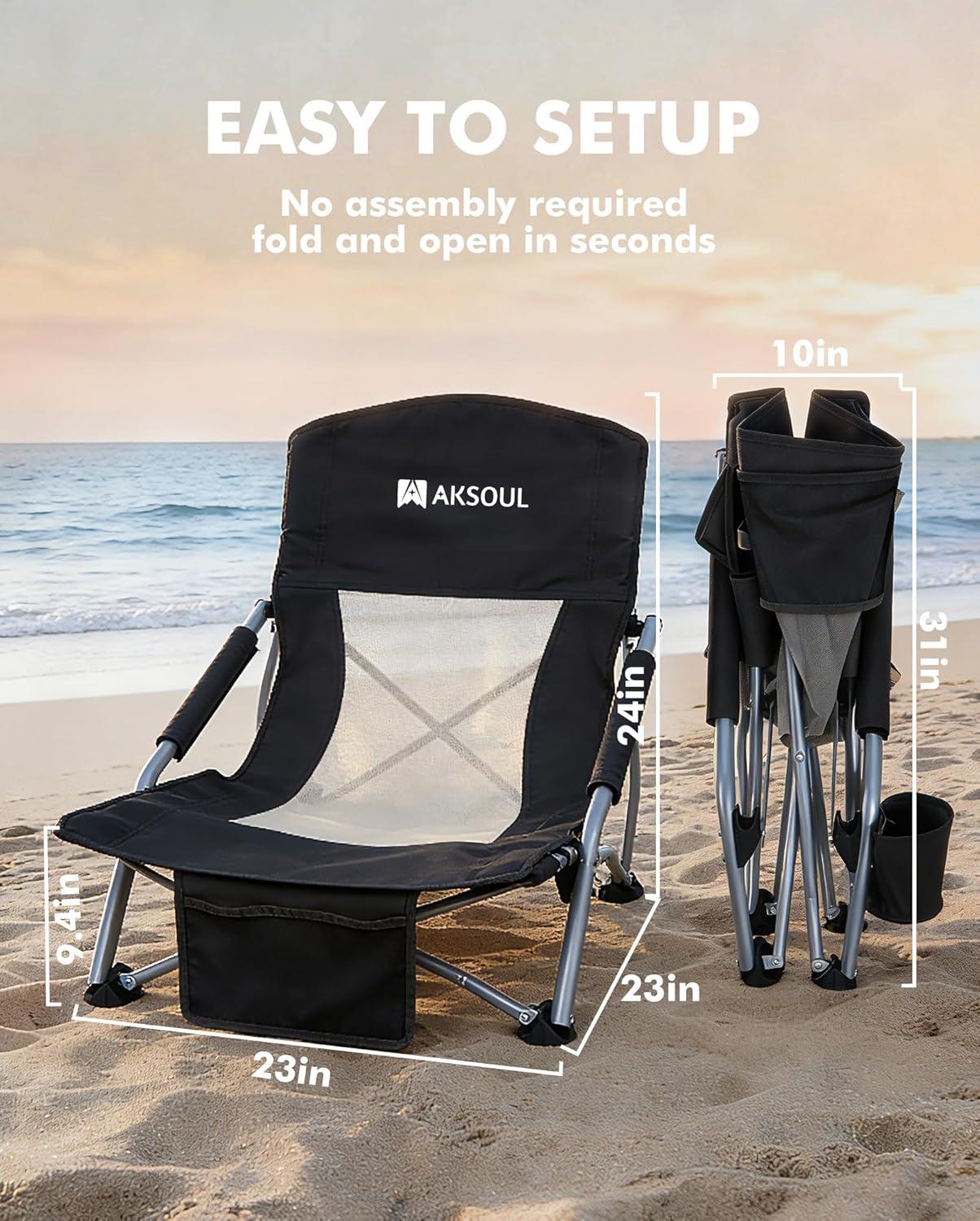 image:imageAKSOUL Folding Beach Chair for Adults LowHigh Back Chairs with Carry Bag Extra Wide Seat Chair with Comfortable Pillow amp Storage Pocket 1 Pack amp 2 Pack BlueLow Back Black 1 Pcs