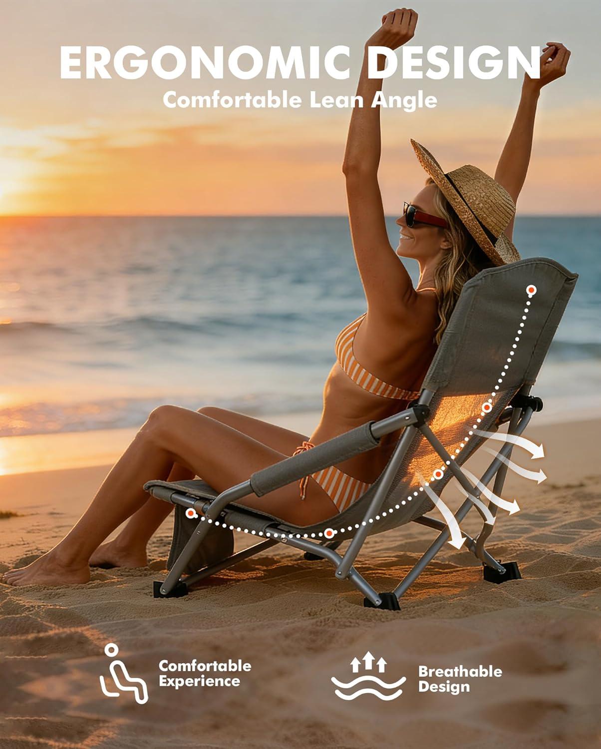 image:imageAKSOUL Folding Beach Chair for Adults LowHigh Back Chairs with Carry Bag Extra Wide Seat Chair with Comfortable Pillow amp Storage Pocket 1 Pack amp 2 Pack BlueLow Back Gray 1 Pcs