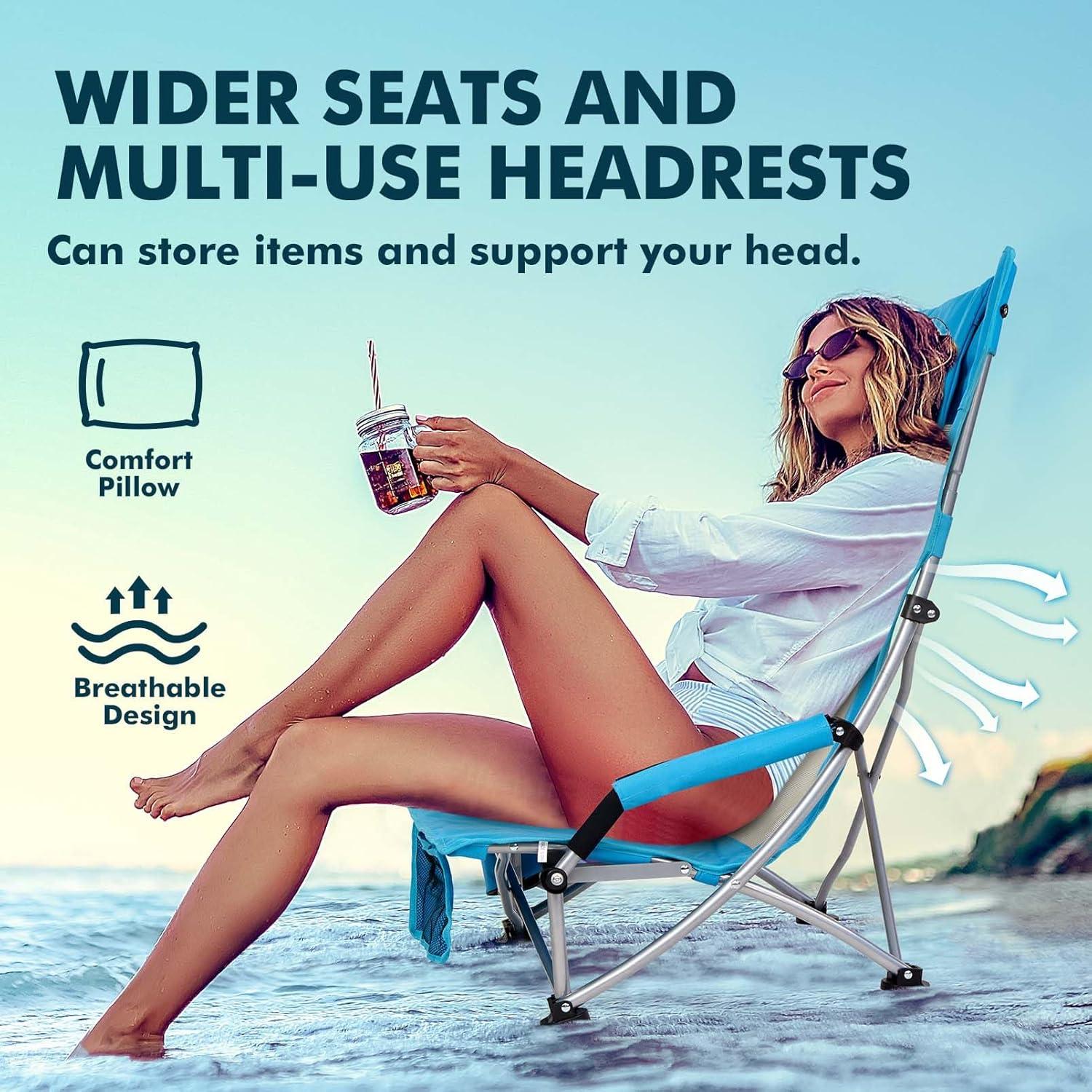image:imageAKSOUL Folding Beach Chair for Adults LowHigh Back Chairs with Carry Bag Extra Wide Seat Chair with Comfortable Pillow amp Storage Pocket 1 Pack amp 2 Pack BlueHigh Back Blue 2 Pcs