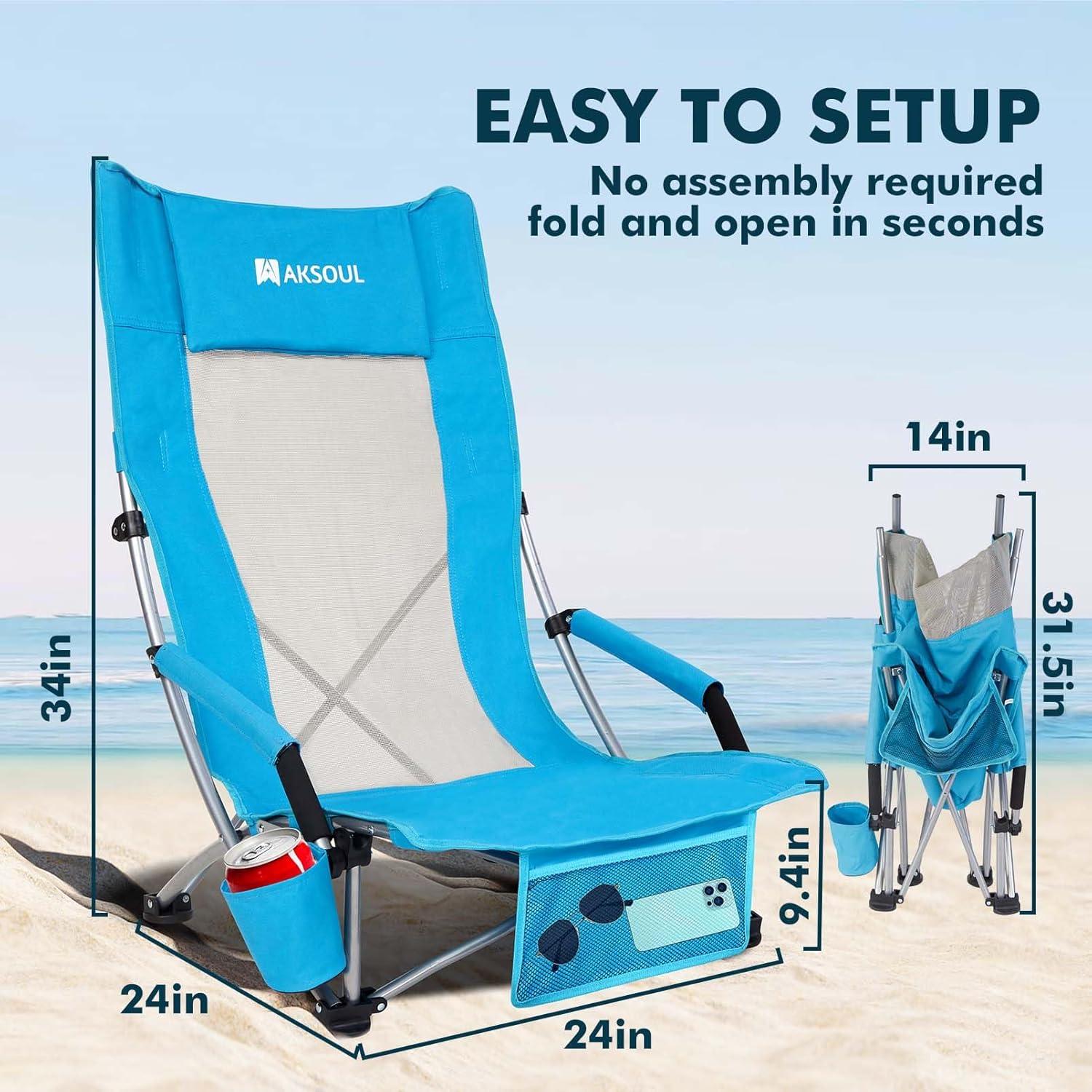 image:imageAKSOUL Folding Beach Chair for Adults LowHigh Back Chairs with Carry Bag Extra Wide Seat Chair with Comfortable Pillow amp Storage Pocket 1 Pack amp 2 Pack BlueHigh Back Blue 2 Pcs
