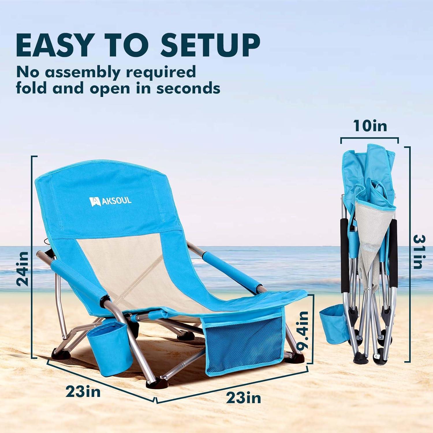image:imageAKSOUL Folding Beach Chair for Adults LowHigh Back Chairs with Carry Bag Extra Wide Seat Chair with Comfortable Pillow amp Storage Pocket 1 Pack amp 2 Pack BlueLow Back Blue 2 Pcs