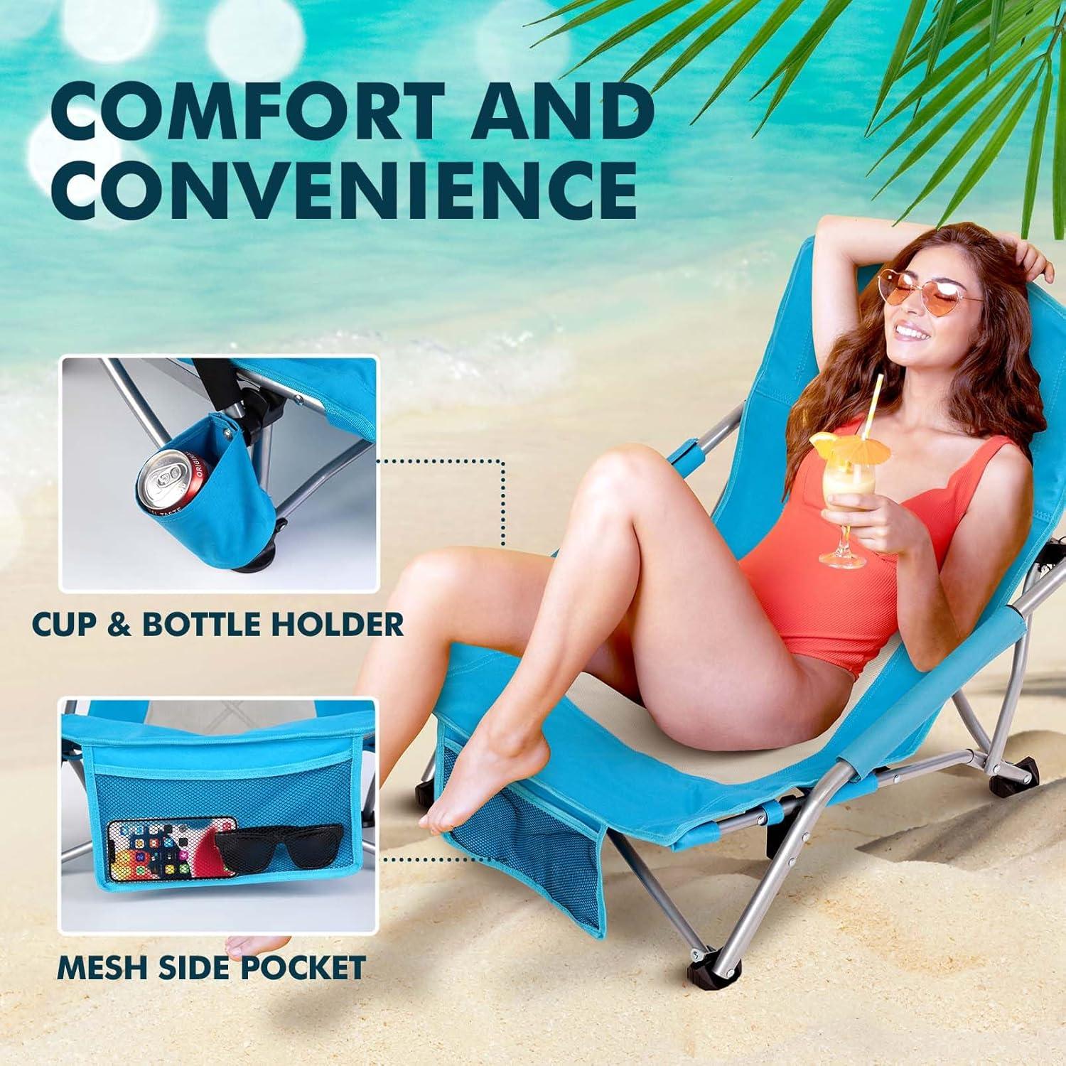 image:imageAKSOUL Folding Beach Chair for Adults LowHigh Back Chairs with Carry Bag Extra Wide Seat Chair with Comfortable Pillow amp Storage Pocket 1 Pack amp 2 Pack BlueLow Back Blue 2 Pcs
