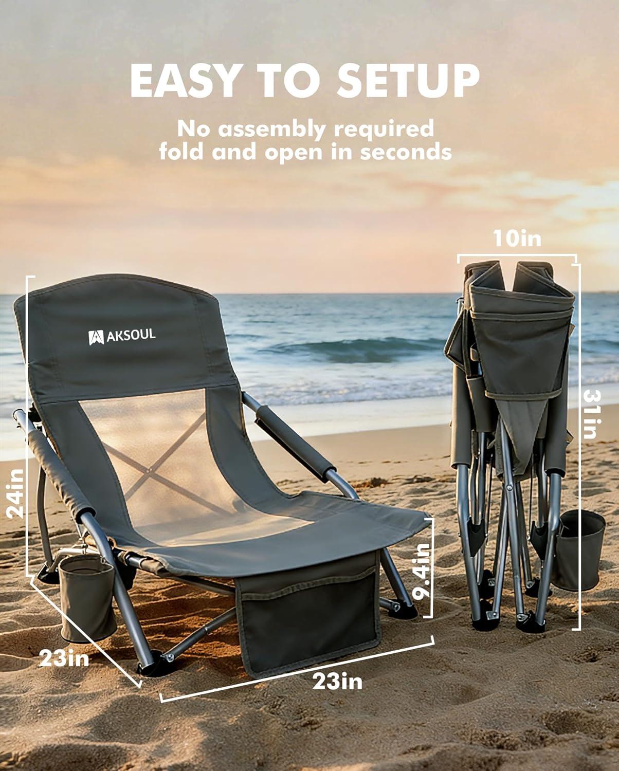 image:imageAKSOUL Folding Beach Chair for Adults LowHigh Back Chairs with Carry Bag Extra Wide Seat Chair with Comfortable Pillow amp Storage Pocket 1 Pack amp 2 Pack BlueLow Back Gray 1 Pcs
