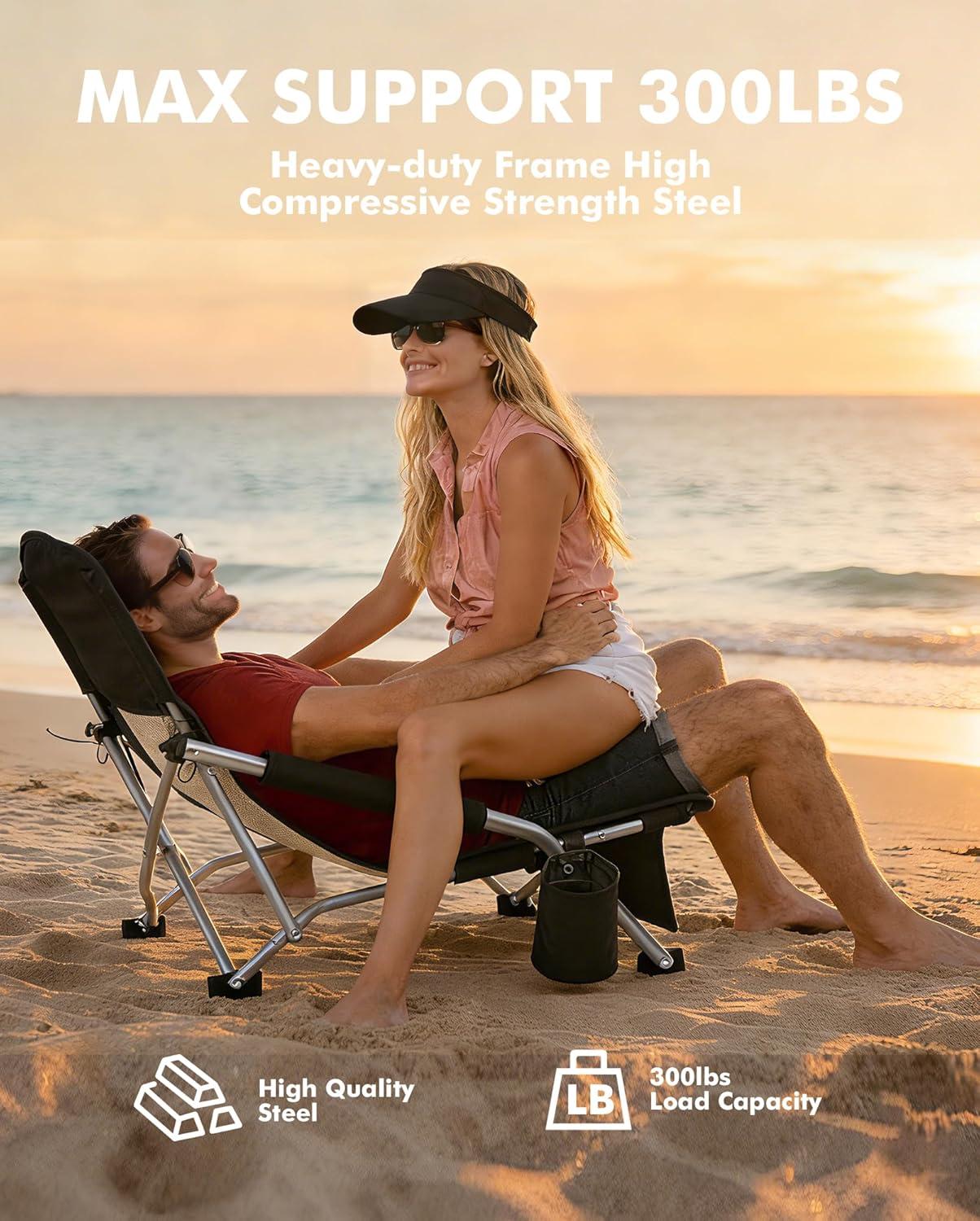 image:imageAKSOUL Folding Beach Chair for Adults LowHigh Back Chairs with Carry Bag Extra Wide Seat Chair with Comfortable Pillow amp Storage Pocket 1 Pack amp 2 Pack BlueLow Back Black 1 Pcs