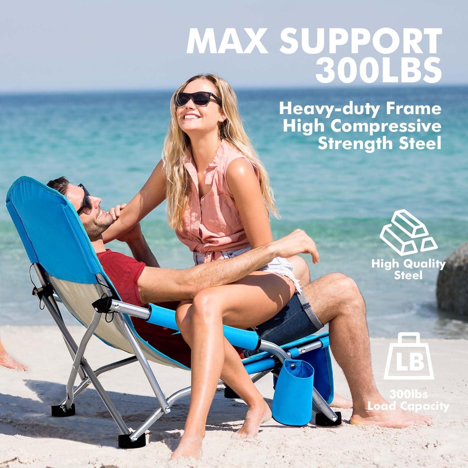 image:imageAKSOUL Folding Beach Chair for Adults LowHigh Back Chairs with Carry Bag Extra Wide Seat Chair with Comfortable Pillow amp Storage Pocket 1 Pack amp 2 Pack BlueLow Back Blue 2 Pcs
