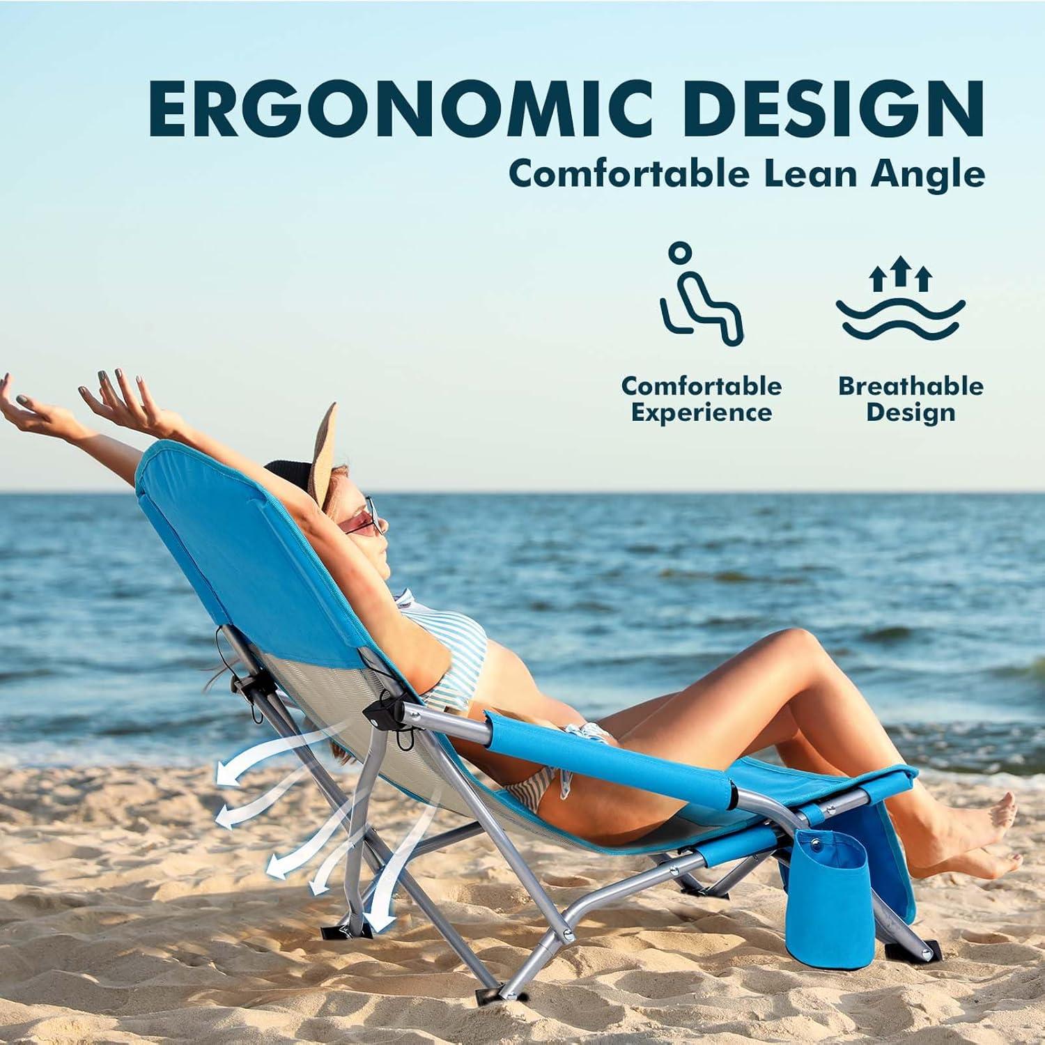 image:imageAKSOUL Folding Beach Chair for Adults LowHigh Back Chairs with Carry Bag Extra Wide Seat Chair with Comfortable Pillow amp Storage Pocket 1 Pack amp 2 Pack BlueLow Back Blue 2 Pcs