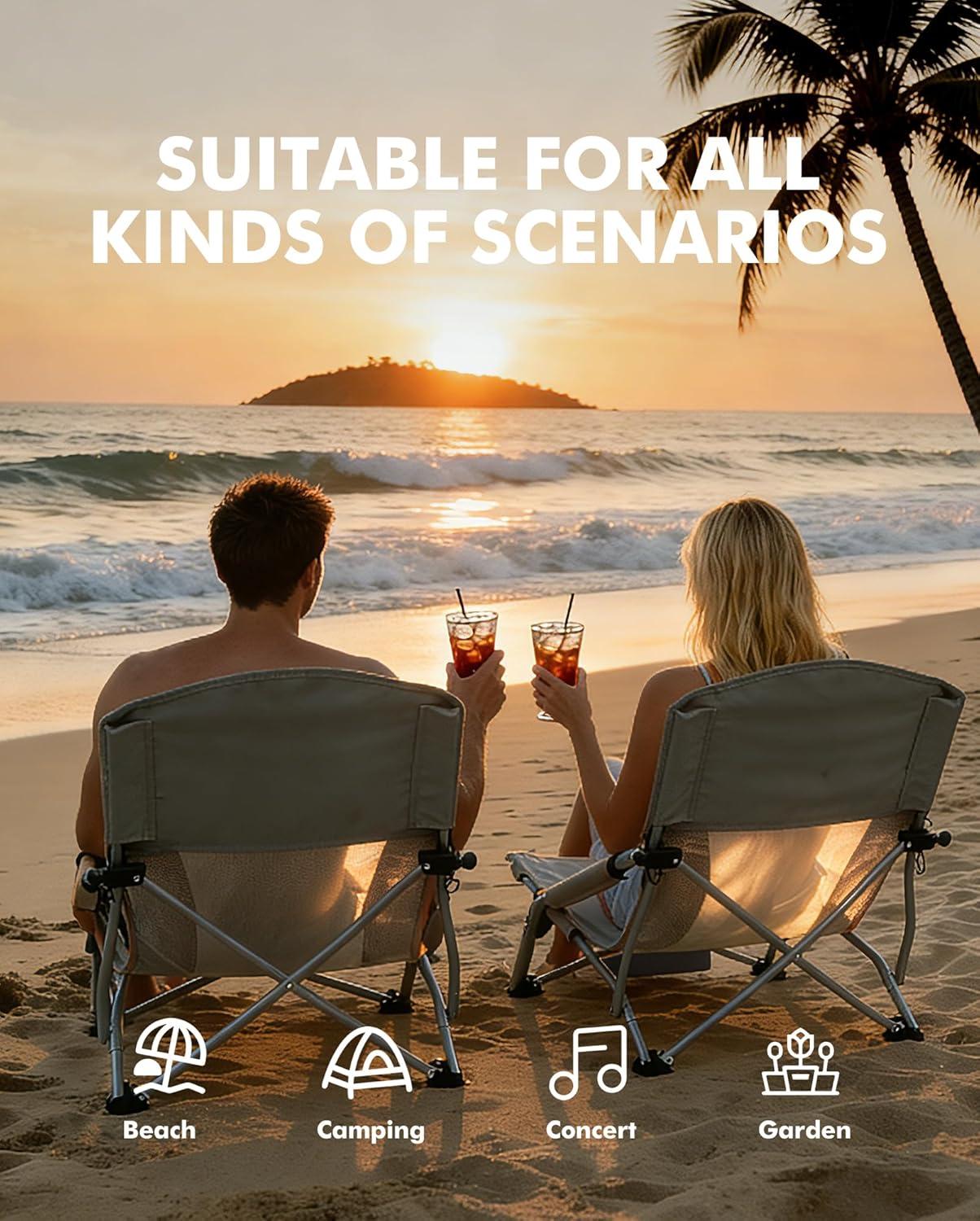 image:imageAKSOUL Folding Beach Chair for Adults LowHigh Back Chairs with Carry Bag Extra Wide Seat Chair with Comfortable Pillow amp Storage Pocket 1 Pack amp 2 Pack BlueLow Back Gray 2 Pcs