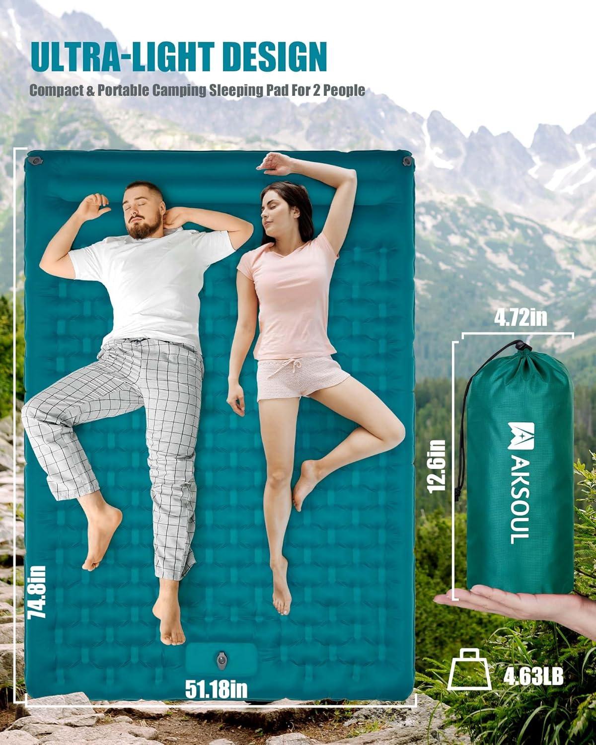 image:imageAKSOUL Sleeping Pad Camping Mat Self Inflating Ultralight amp Compact Air Mattress Connectable Lightweight Inflatable Pad with Builtin Foot Pump for Camping Hiking BackpackingDouble Peacock Blue