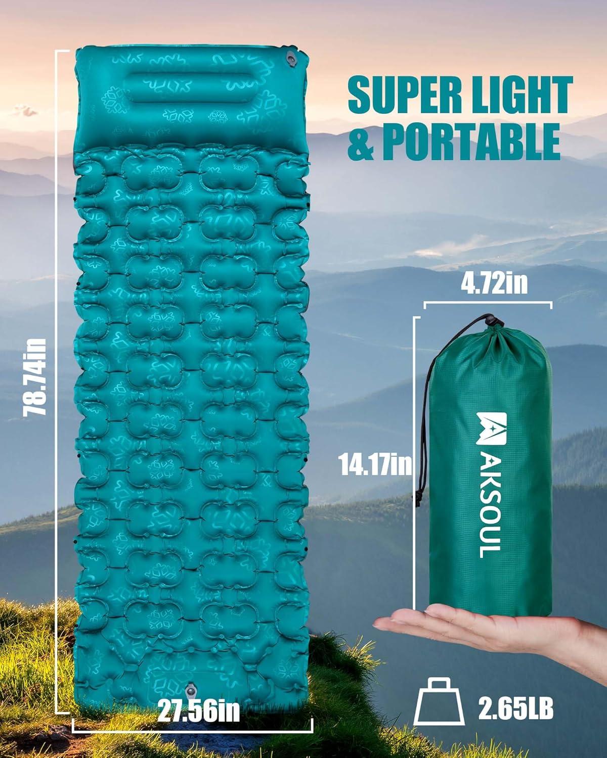 image:imageAKSOUL Sleeping Pad Camping Mat Self Inflating Ultralight amp Compact Air Mattress Connectable Lightweight Inflatable Pad with Builtin Foot Pump for Camping Hiking BackpackingUpgraded Peacock Blue