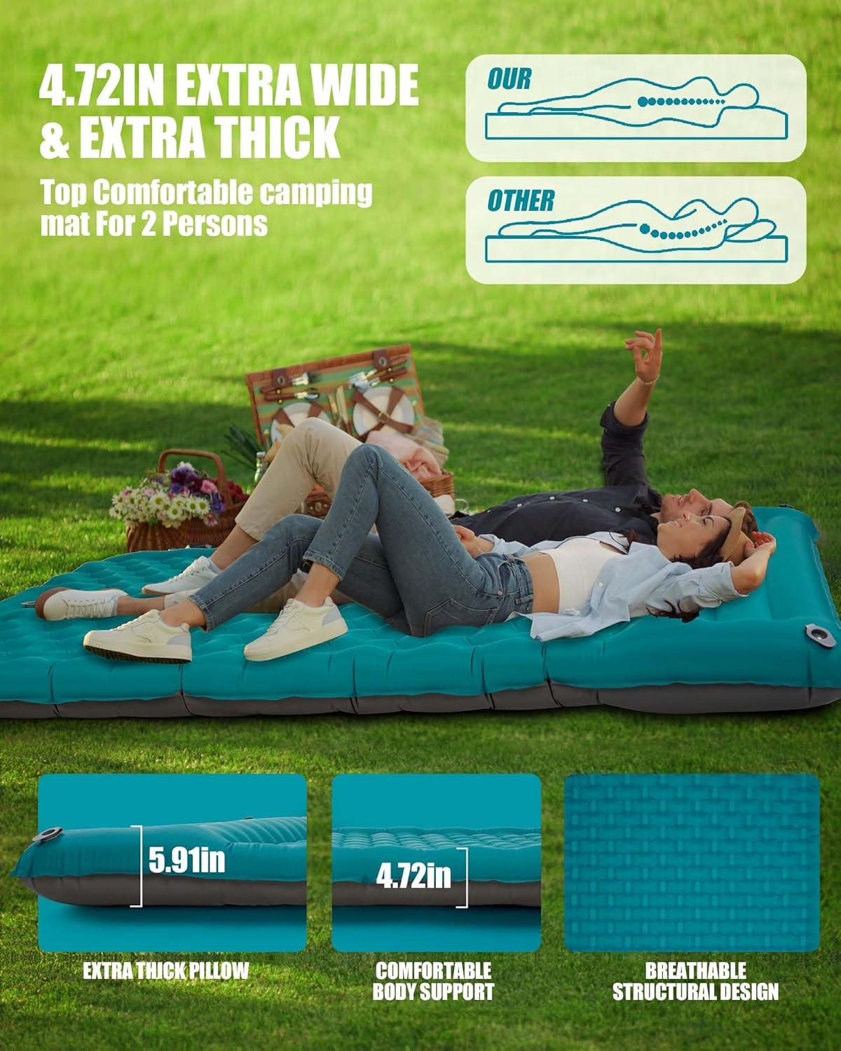 image:imageAKSOUL Sleeping Pad Camping Mat Self Inflating Ultralight amp Compact Air Mattress Connectable Lightweight Inflatable Pad with Builtin Foot Pump for Camping Hiking BackpackingDouble Peacock Blue