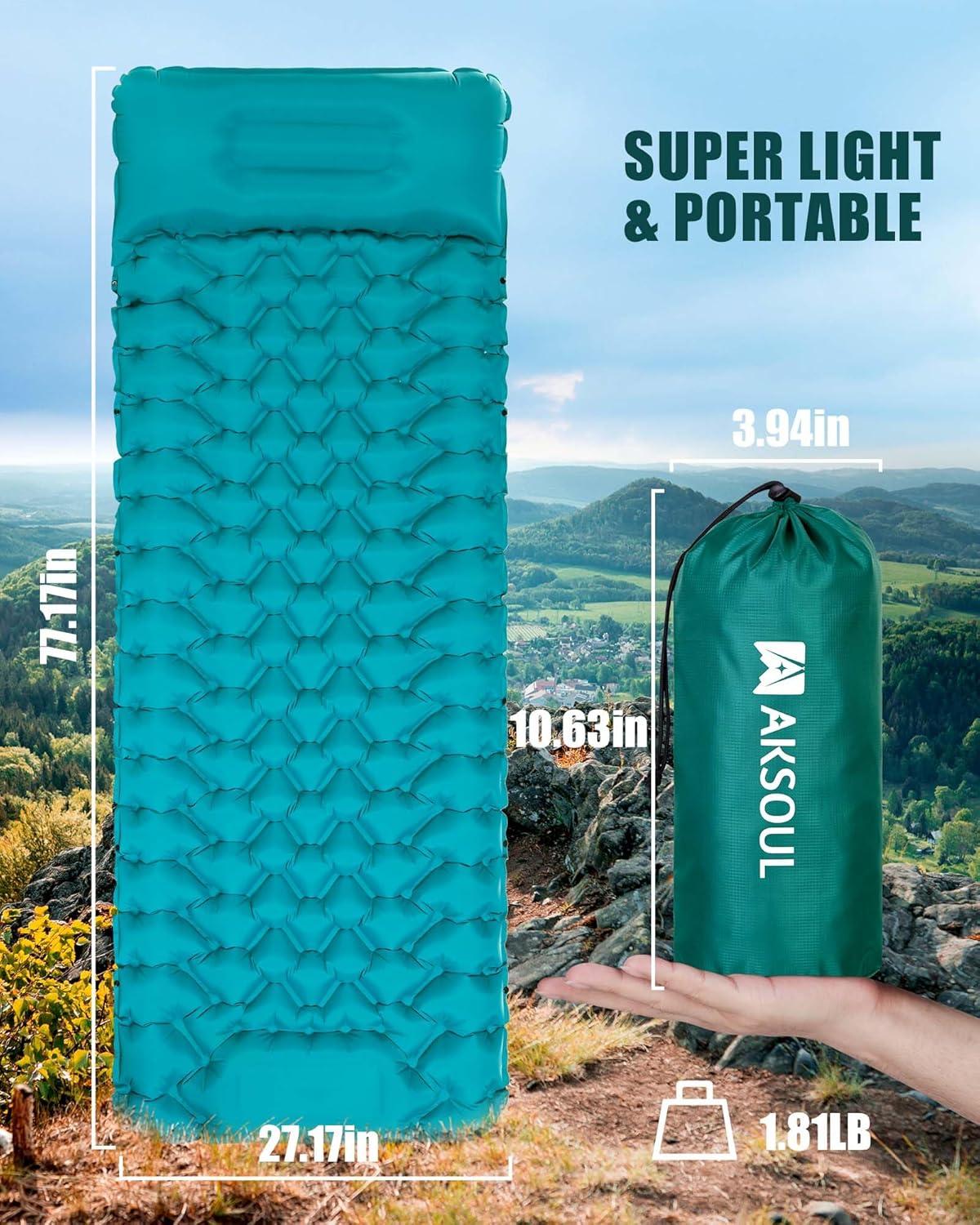 image:imageAKSOUL Sleeping Pad Camping Mat Self Inflating Ultralight amp Compact Air Mattress Connectable Lightweight Inflatable Pad with Builtin Foot Pump for Camping Hiking BackpackingClassic Peacock Blue