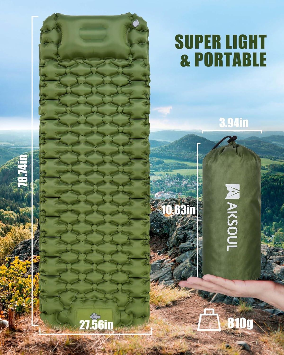 image:imageAKSOUL Sleeping Pad Camping Mat Self Inflating Ultralight amp Compact Air Mattress Connectable Lightweight Inflatable Pad with Builtin Foot Pump for Camping Hiking BackpackingClassic Army Green