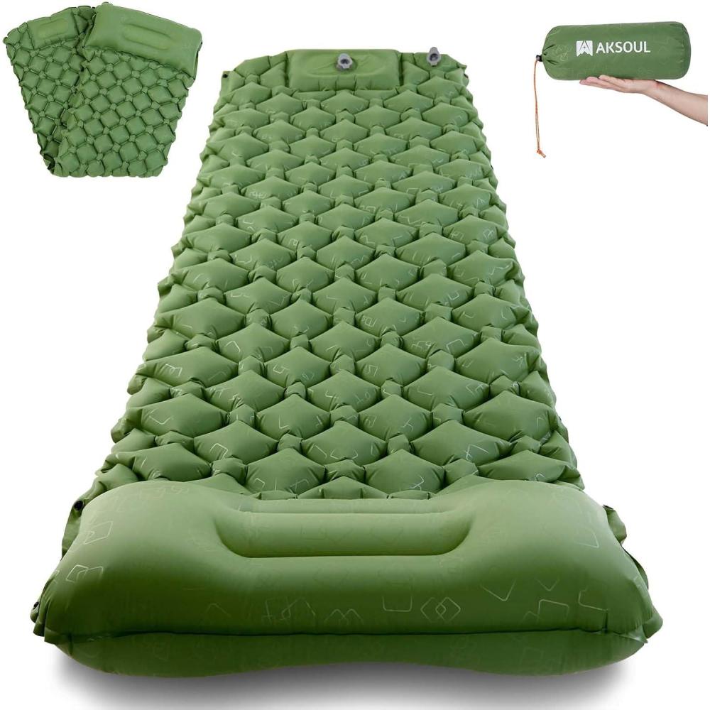 image:imageAKSOUL Camping Ultralight Sleeping Pad Compact Portable Self Inflatable Sleep Mat with Builtin Foot Pump Lightweight Single Pad for Camping Traveling Outdoor Activities Green