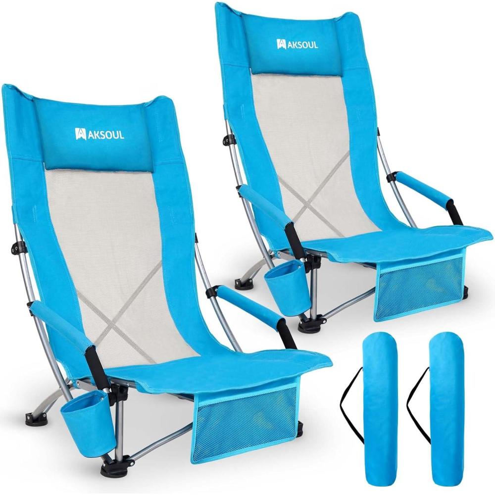 image:imageAKSOUL Folding Beach Chair for Adults LowHigh Back Chairs with Carry Bag Extra Wide Seat Chair with Comfortable Pillow amp Storage Pocket 1 Pack amp 2 Pack BlueHigh Back Blue 2 Pcs