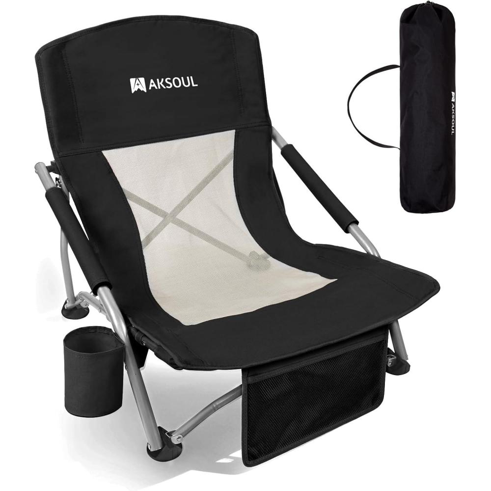image:imageAKSOUL Folding Beach Chair for Adults LowHigh Back Chairs with Carry Bag Extra Wide Seat Chair with Comfortable Pillow amp Storage Pocket 1 Pack amp 2 Pack BlueLow Back Black 1 Pcs