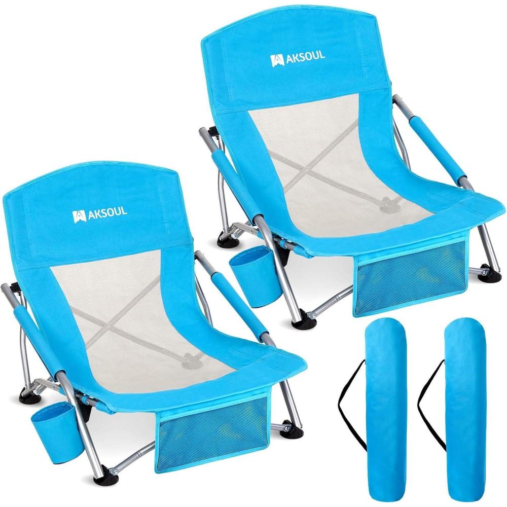 image:imageAKSOUL Folding Beach Chair for Adults LowHigh Back Chairs with Carry Bag Extra Wide Seat Chair with Comfortable Pillow amp Storage Pocket 1 Pack amp 2 Pack BlueLow Back Blue 2 Pcs