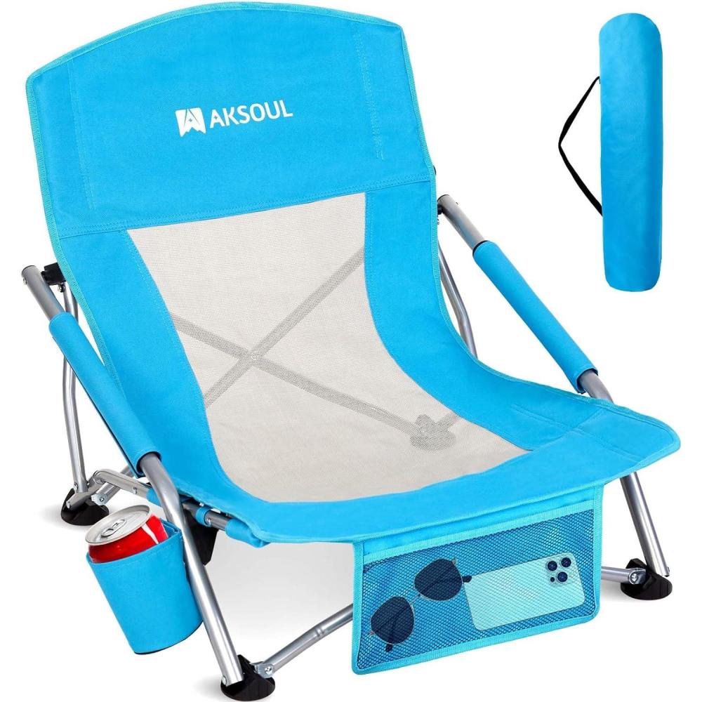 image:imageAKSOUL Folding Beach Chair for Adults LowHigh Back Chairs with Carry Bag Extra Wide Seat Chair with Comfortable Pillow amp Storage Pocket 1 Pack amp 2 Pack BlueLow Back Blue 1 Pcs