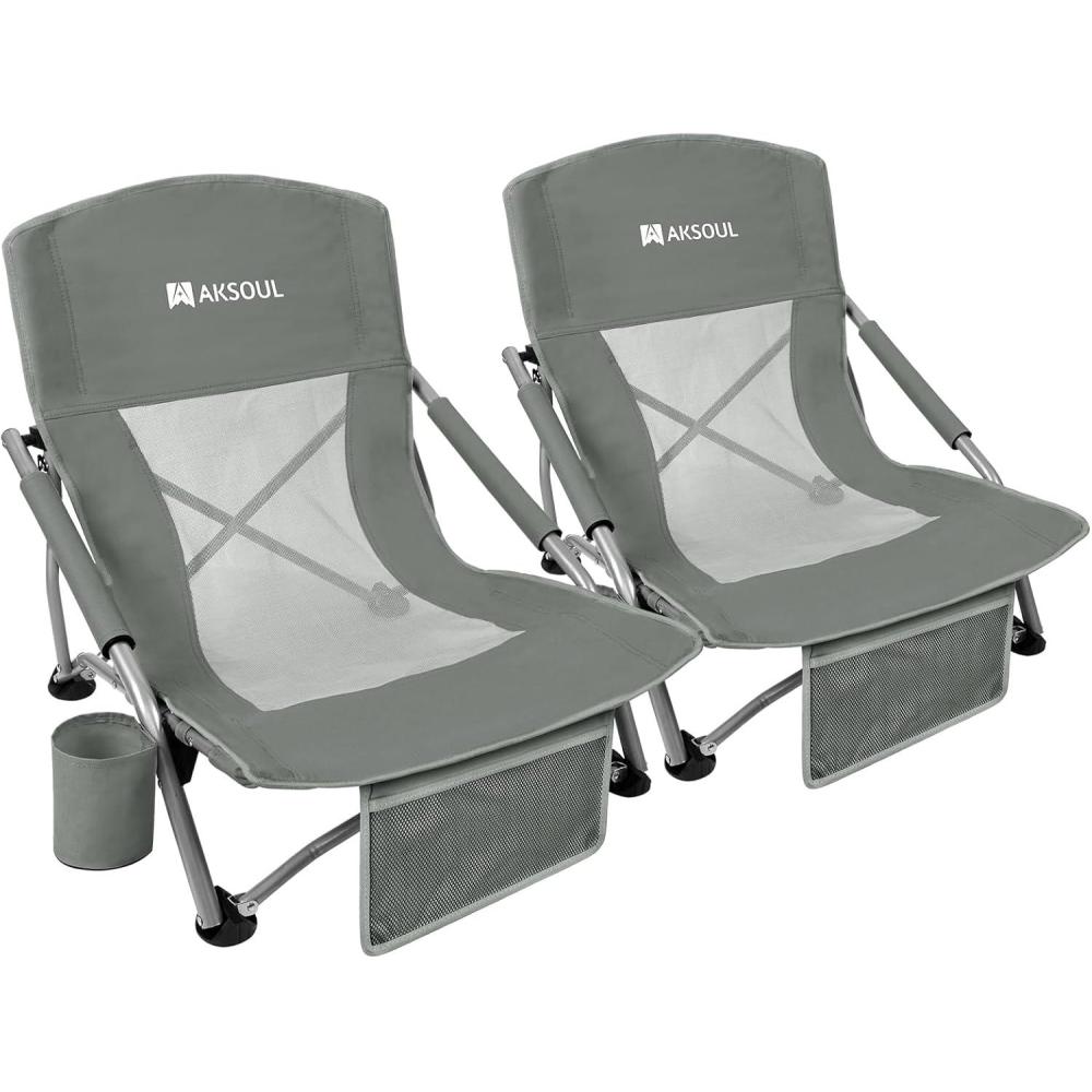 image:imageAKSOUL Folding Beach Chair for Adults LowHigh Back Chairs with Carry Bag Extra Wide Seat Chair with Comfortable Pillow amp Storage Pocket 1 Pack amp 2 Pack BlueLow Back Gray 1 Pcs