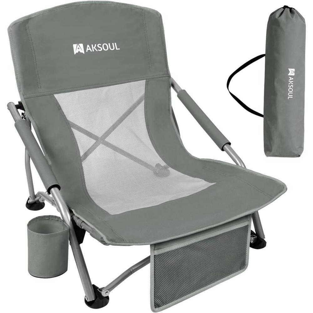 image:imageAKSOUL Folding Beach Chair for Adults LowHigh Back Chairs with Carry Bag Extra Wide Seat Chair with Comfortable Pillow amp Storage Pocket 1 Pack amp 2 Pack BlueLow Back Gray 2 Pcs