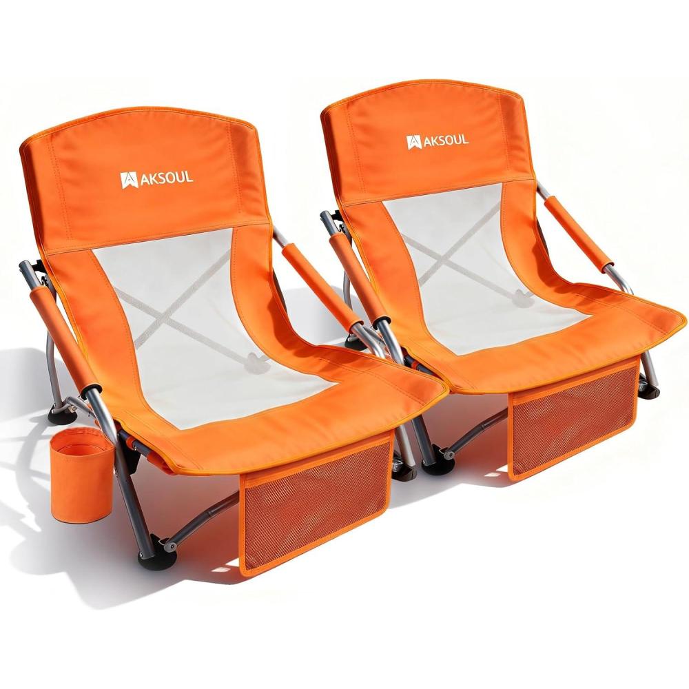 image:imageAKSOUL Folding Beach Chair for Adults LowHigh Back Chairs with Carry Bag Extra Wide Seat Chair with Comfortable Pillow amp Storage Pocket 1 Pack amp 2 Pack BlueLow Back Orange 2 Pcs