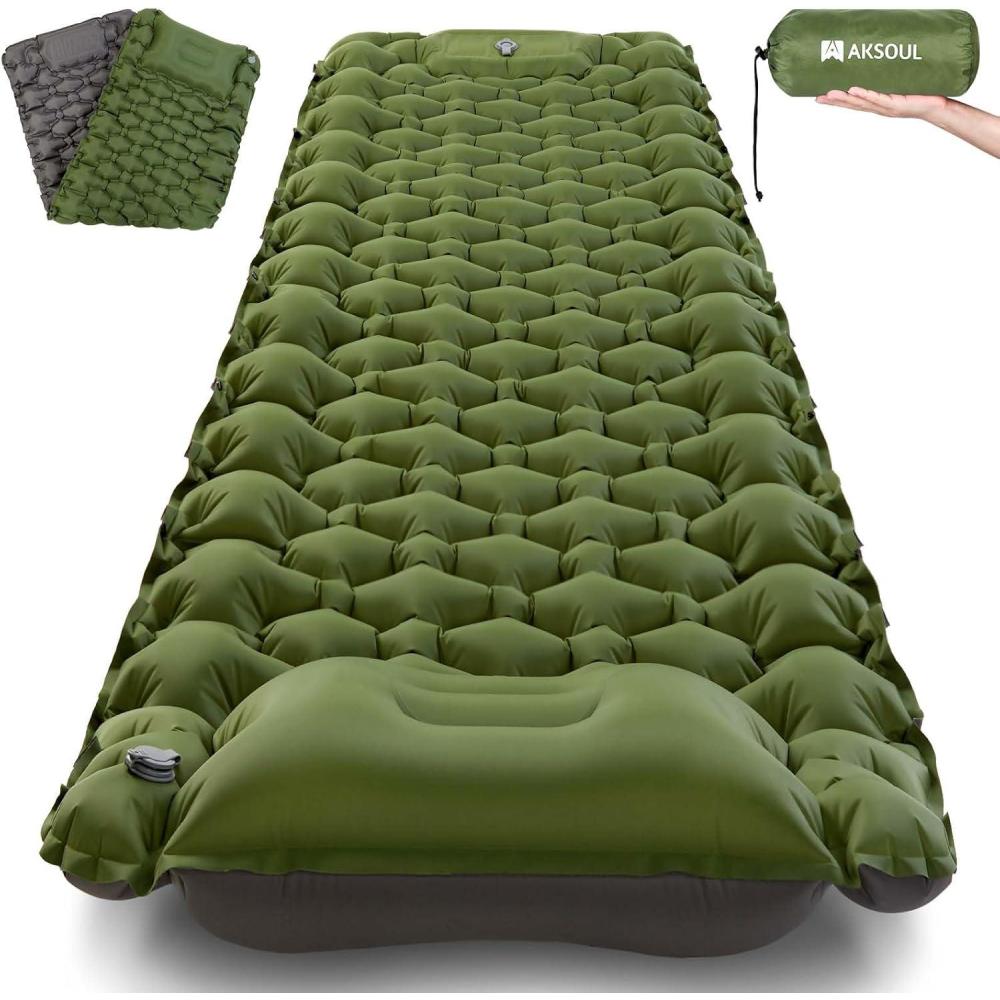 image:imageAKSOUL Sleeping Pad Camping Mat Self Inflating Ultralight amp Compact Air Mattress Connectable Lightweight Inflatable Pad with Builtin Foot Pump for Camping Hiking BackpackingClassic Army Green