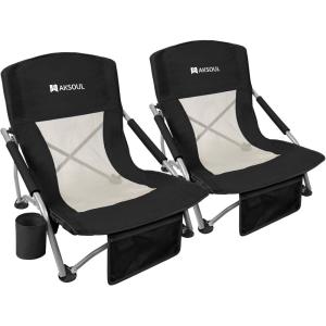 image:imageAKSOUL Folding Beach Chair for Adults LowHigh Back Chairs with Carry Bag  Extra Wide Seat Chair with Comfortable Pillow amp Storage Pocket 1 Pack amp 2 Pack BlueLow Back Black 2 Pcs