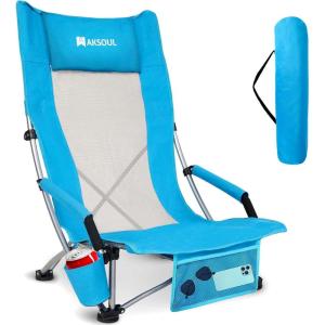 image:imageAKSOUL Folding Beach Chair for Adults LowHigh Back Chairs with Carry Bag  Extra Wide Seat Chair with Comfortable Pillow amp Storage Pocket 1 Pack amp 2 Pack BlueHigh Back Blue 1 Pcs