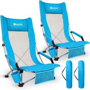 image:imageAKSOUL Folding Beach Chair for Adults LowHigh Back Chairs with Carry Bag  Extra Wide Seat Chair with Comfortable Pillow amp Storage Pocket 1 Pack amp 2 Pack BlueHigh Back Blue 2 Pcs