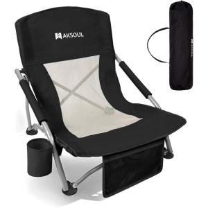 image:imageAKSOUL Folding Beach Chair for Adults LowHigh Back Chairs with Carry Bag  Extra Wide Seat Chair with Comfortable Pillow amp Storage Pocket 1 Pack amp 2 Pack BlueLow Back Black 1 Pcs