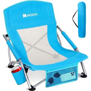 image:imageAKSOUL Folding Beach Chair for Adults LowHigh Back Chairs with Carry Bag  Extra Wide Seat Chair with Comfortable Pillow amp Storage Pocket 1 Pack amp 2 Pack BlueLow Back Blue 1 Pcs