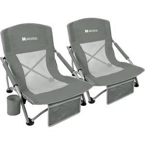 image:imageAKSOUL Folding Beach Chair for Adults LowHigh Back Chairs with Carry Bag  Extra Wide Seat Chair with Comfortable Pillow amp Storage Pocket 1 Pack amp 2 Pack BlueLow Back Gray 1 Pcs
