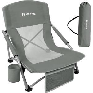 image:imageAKSOUL Folding Beach Chair for Adults LowHigh Back Chairs with Carry Bag  Extra Wide Seat Chair with Comfortable Pillow amp Storage Pocket 1 Pack amp 2 Pack BlueLow Back Gray 2 Pcs