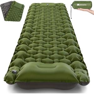 image:imageAKSOUL Sleeping Pad Camping Mat Self Inflating Ultralight amp Compact Air Mattress Connectable Lightweight Inflatable Pad with Builtin Foot Pump for Camping Hiking BackpackingClassic Army Green